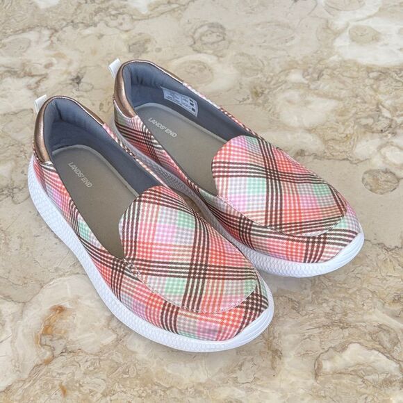 Lands End Womens Gatas Lightweight Comfort Slip On Shoes Pink Plaid Round Toe - Picture 2 of 11